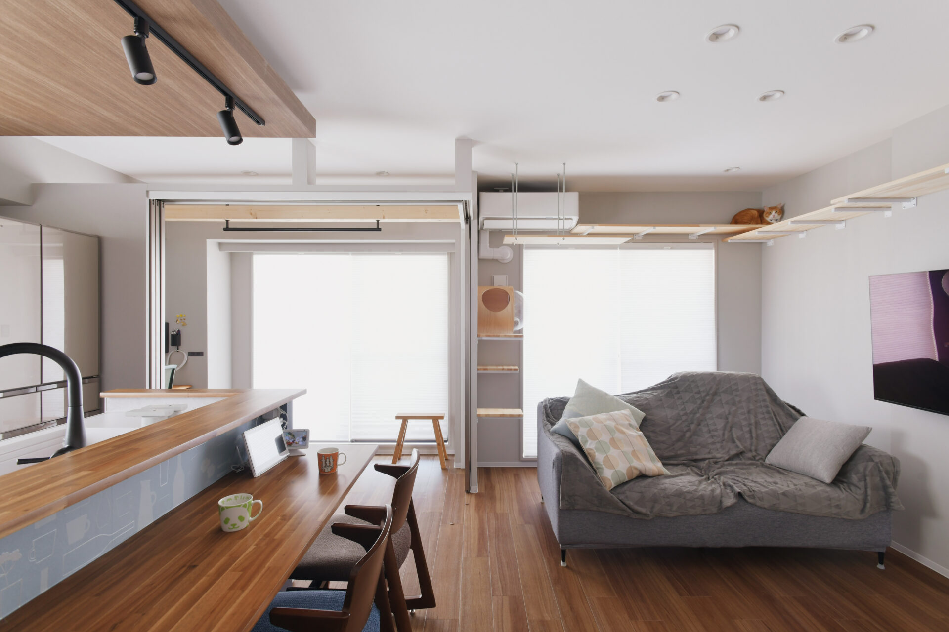 猫ちゃんものびのび。キャットウォークのあるお家