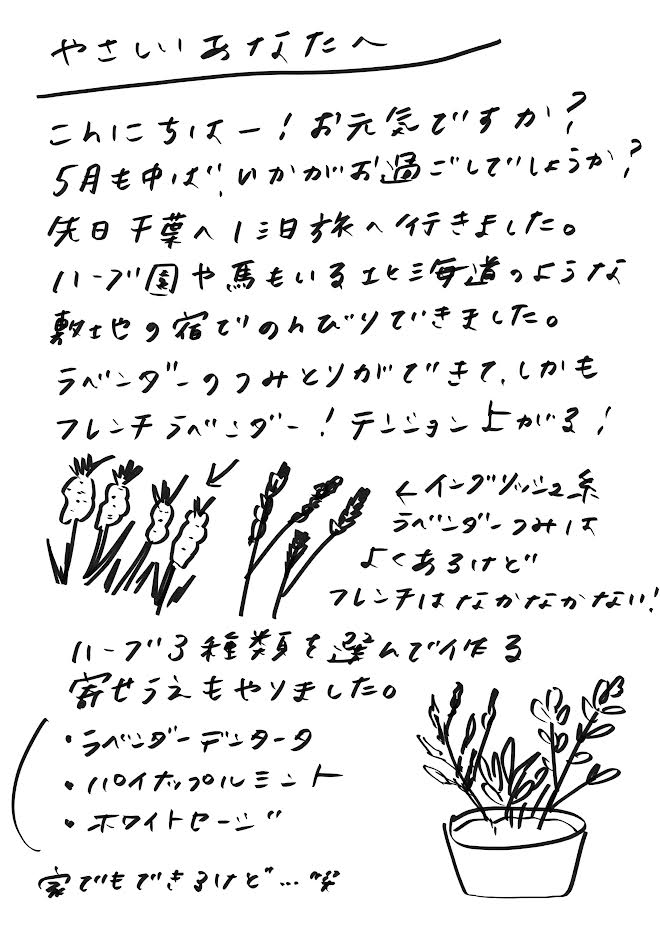 こんにちは。お元気ですか？ 5月も半ばいかがお過ごしでしょうか先日千葉に1泊旅に行ってきました。ハーブ園や馬もいる北海道のような市の宿でのんびりしてきました。ラベンダーの摘み取りができて、しかもフレンチラベンダーテンション上がるハーブ3種類を選んで作る寄せ植えもやりました。家でもできるけど笑