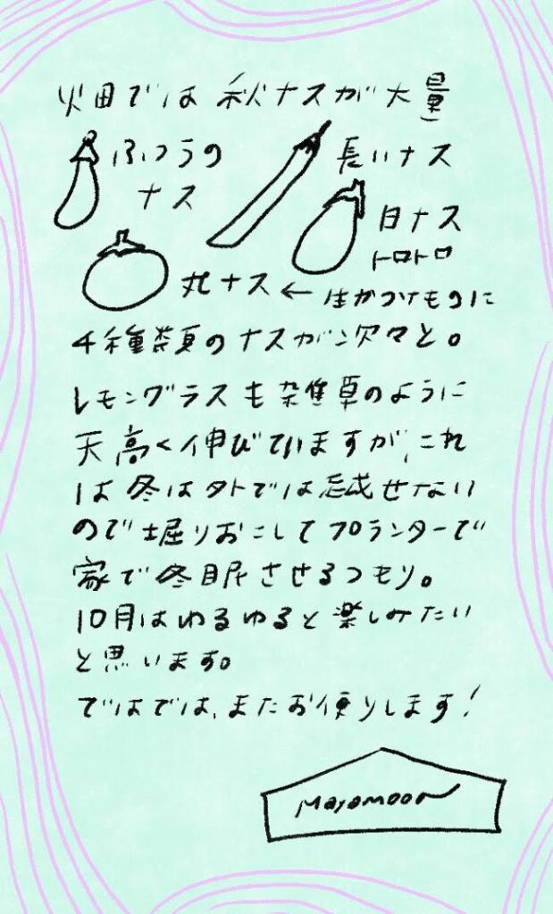 畑では秋ナスが大量
ふつうのナス　長いナス　
丸ナス ←はかつおぶしに日ナス（トロトロ）
4種類夏のナスが次々と。

レモングラスも笹薮のように
天高く伸びていますが、これは冬は外では越せないので
掘りおこしてプランターで
家で冬眠させるつもり。

10月はゆるゆると楽しみたいと思います。

ではでは、またお便りします！

Mayamoon