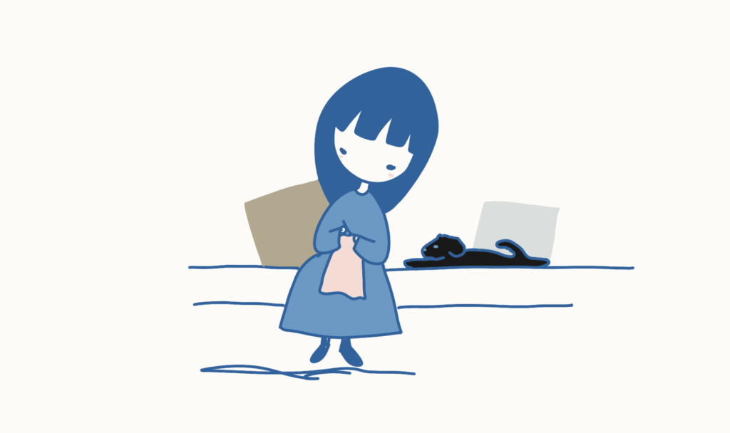 部屋の中でくつろぐ女性と、奥で横になって様子を見ている黒い犬のイラスト。