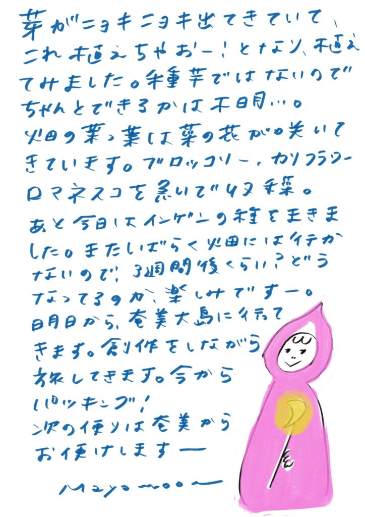 芽がニョキニョキ出てきていて、
これ植えちゃおー!となり、植えてみました。種芋ではないのでちゃんとできるかは不明…。
畑の菜っ葉は葉の花が咲いてきています。
ブロッコリー、カリフラワー、ロマネスコを急いで収穫。
あと今日はインゲンの種をまきました。
まだしばらく畑には行けないので、3週間後くらいどうなってるのか、楽しみですー。
明日から、奄美大島に行ってきます。
創作をしながら旅してきます。
今からパッキング!
次の便りは奄美からお届けしますー
mayamoon