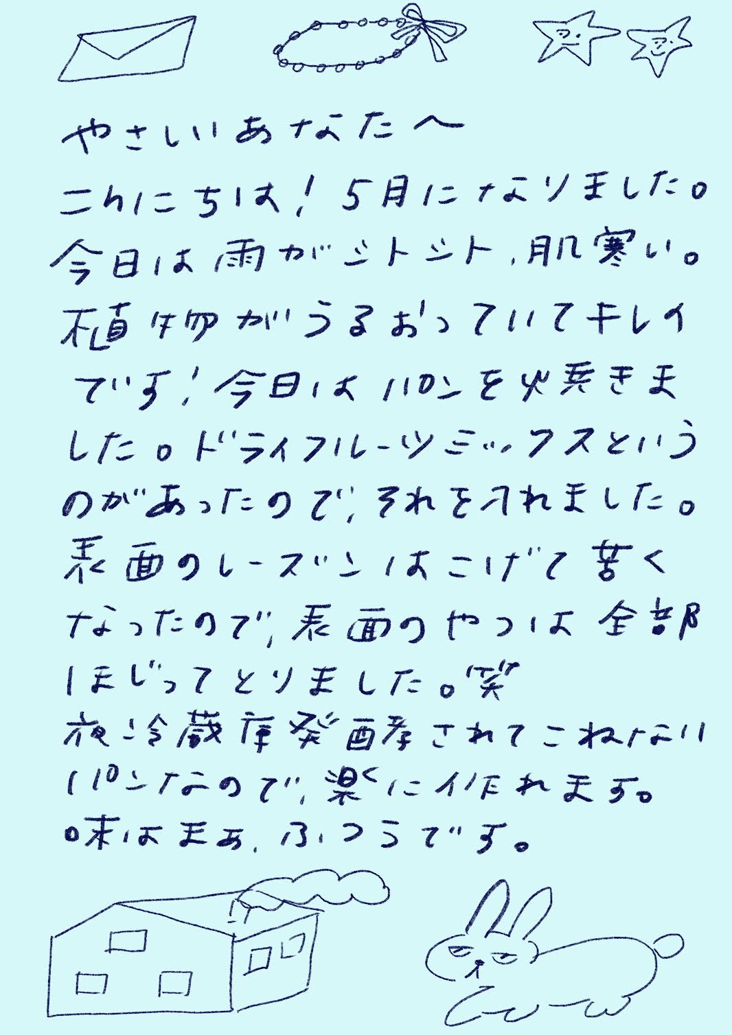 やさしいあなたへ

こんにちは！5月になりました。
今日は雨がシトシト、肌寒い。
植物がうるおっていてキレイです！今日はパンを焼きました。
ドライフルーツミックスというのがあったので、それを入れました。
表面のレーズンはこげて安くなったので、表面のやつは全部ほじってとりました。笑
冷蔵庫で発酵されてこれないパンなので、楽に作れます。
味はまぁ、ふつうです。