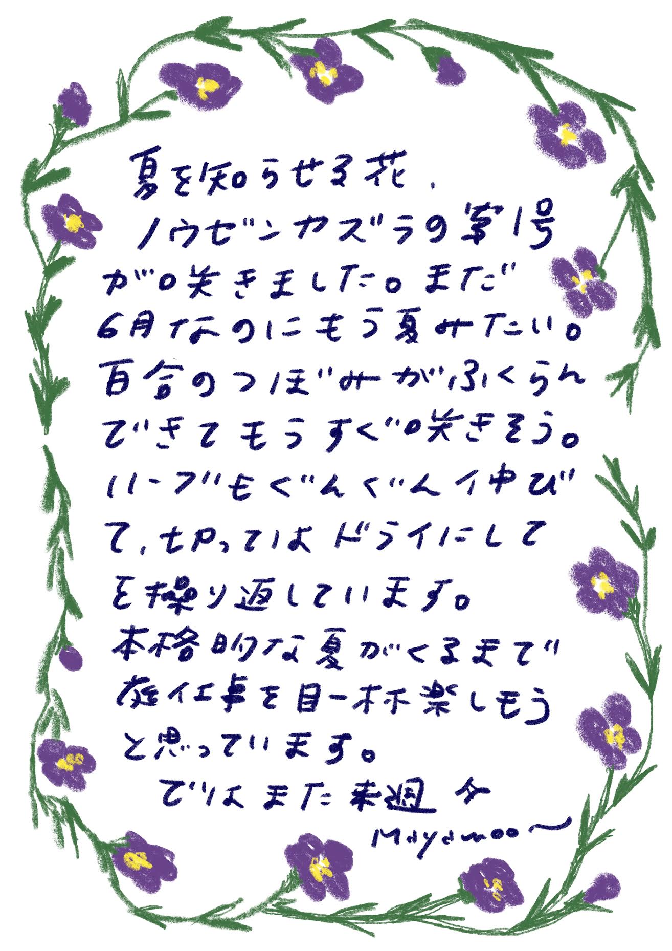 夏を知らせる花、
ノウゼンカズラの第1号が咲きました。

また6月なのにもう夏みたい。

百合のつぼみがふくらんできて、もうすぐ咲きそう。

ハーブもぐんぐん伸びて、もっぱらドライにしてを繰り返しています。

本格的な夏がくるまで庭仕事を目一杯楽しもうと思っています。

ではまた来週

mayamoon

