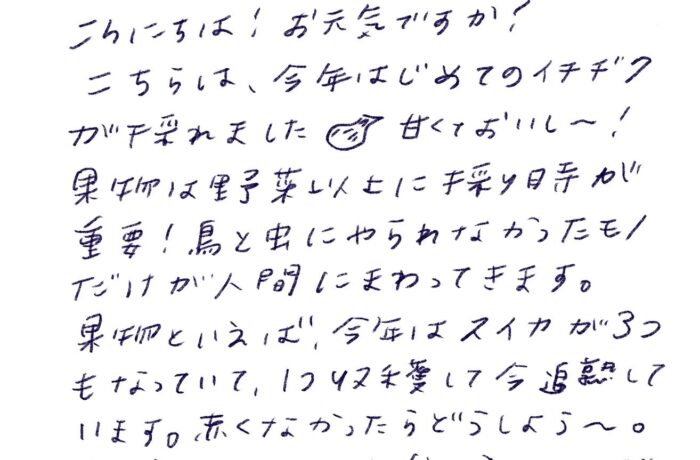 やさしいあなたへ こんにちは！お元気ですか？ こちらは、今年はじめてのイチヂクが採れました。甘くておいし〜！ 果物は野菜以上に千載一時（※手書きがやや判読しづらいです）が重要！鳥と虫にやられなかったモノだけが人間にまわってきます。 果物といえば、今年はスイカが3つもなっていて、いつ収穫して今週していいのか、赤くなかったらどうしよう〜。 中を割ってみないと分からないのでドキドキです。もっと色々、果物も自分で栽培していきたいなー。 木を植える土地が欲しいです。 いつか桃やりたーい！！