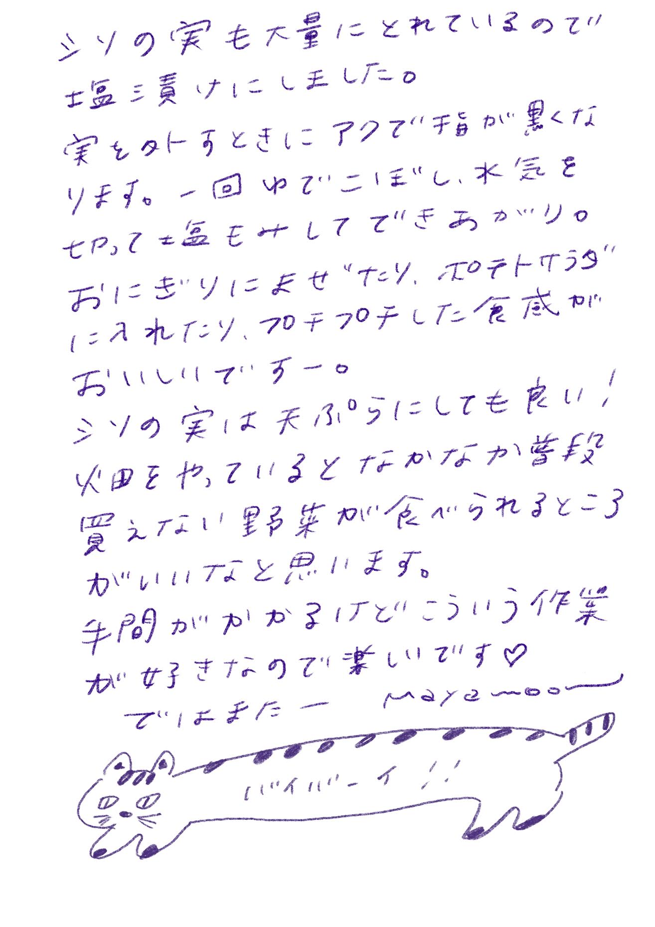 シソの実も大量にとれているので塩漬けにしました。
実を外すときにアクで指が黒くなります。一回ゆでこぼし、水気を切って塩をしてできあがり。
おにぎりにまぜたり、ポテトサラダに入れたり、プチプチした食感がおいしいですー。
シソの実は天ぷらにしても良い！

畑をやっているとなかなか普段買えない野菜が食べられるところがいいなと思います。
手間がかかるけどこういう作業が好きなので楽しいです♡

ではまたー　mayamoon
